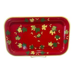 Vintage Red Metal Serving Tray Maple Leaf Design 14x8 Mid Century Fall Holiday